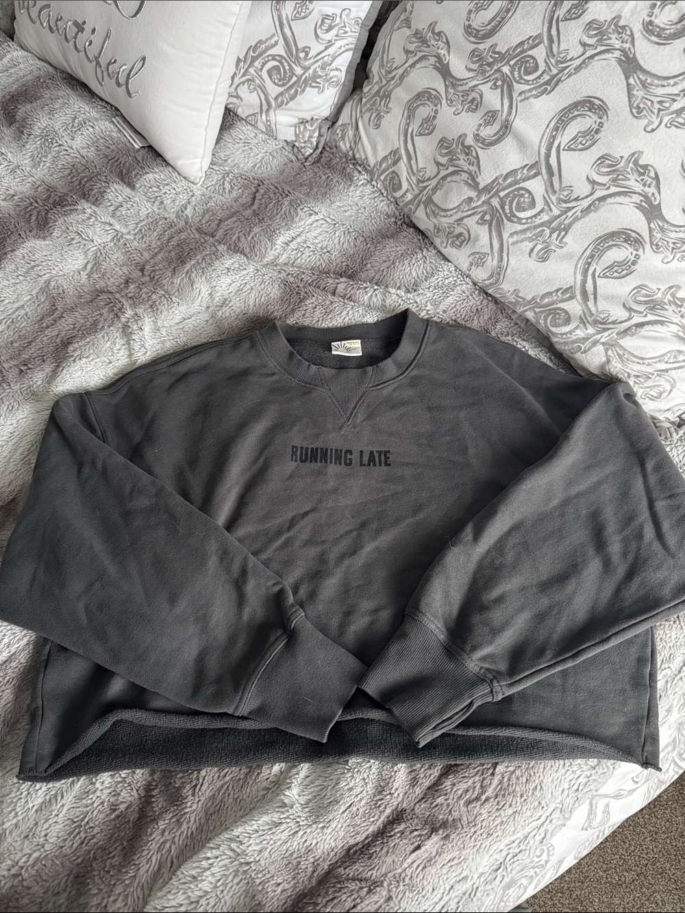 aerie Charcoal 'RUNNING LATE' cropped Crewneck Sweatshirt